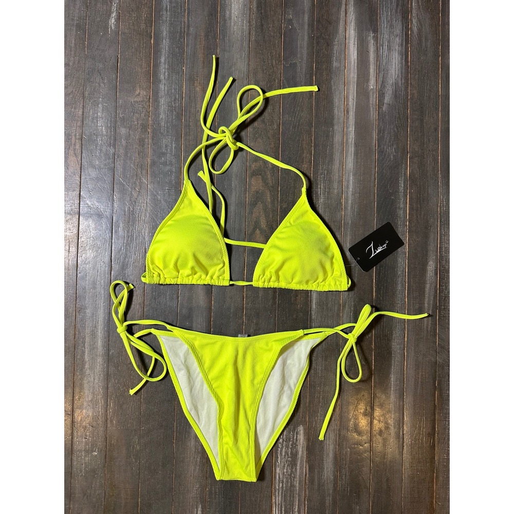 Neon Yellow Ribbed Triangle Bikini Set Side Tie Two Piece Swimsuit NEW
